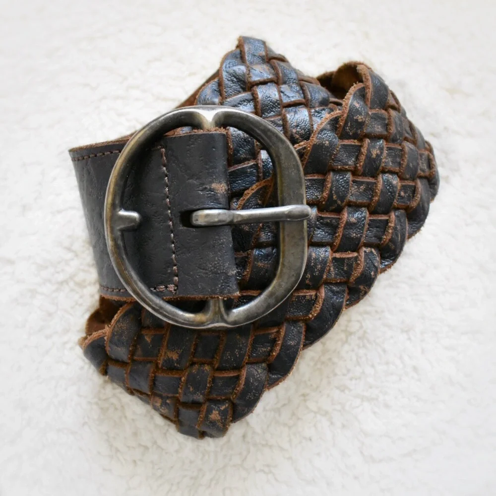 Arcangelo Blue Distressed Leather Braided Belt